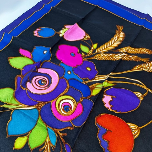 Accessories - Vintage Mod Floral Square Scarf Psychedelic Flowers Blue Border Retro